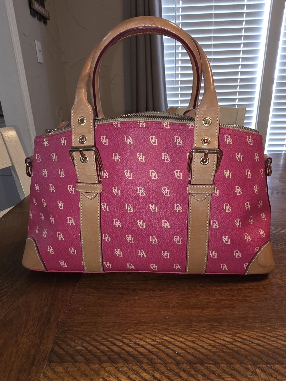 Dooney & Bourke Pink Signature Satchel with Tan Trim